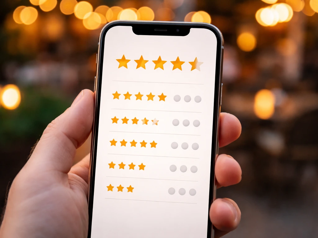 Close-up of a smartphone showing star rating with category breakdown fields for a restaurant review.