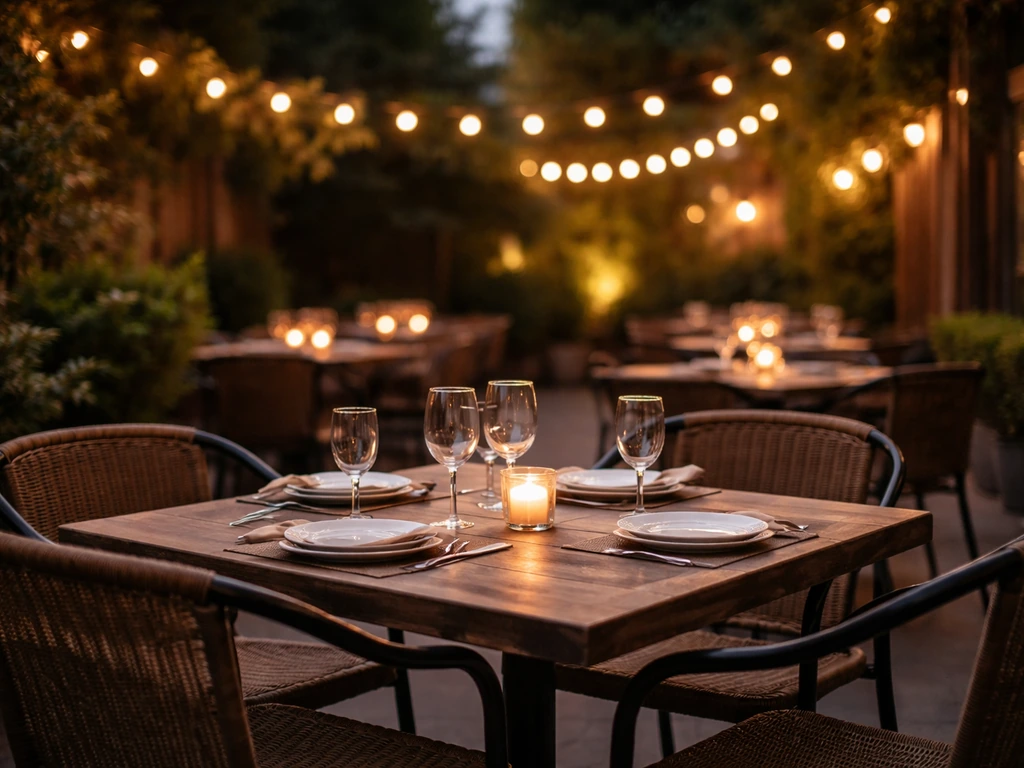 Lively outdoor patio at dusk with warm string lights and neatly set tables, inviting atmosphere