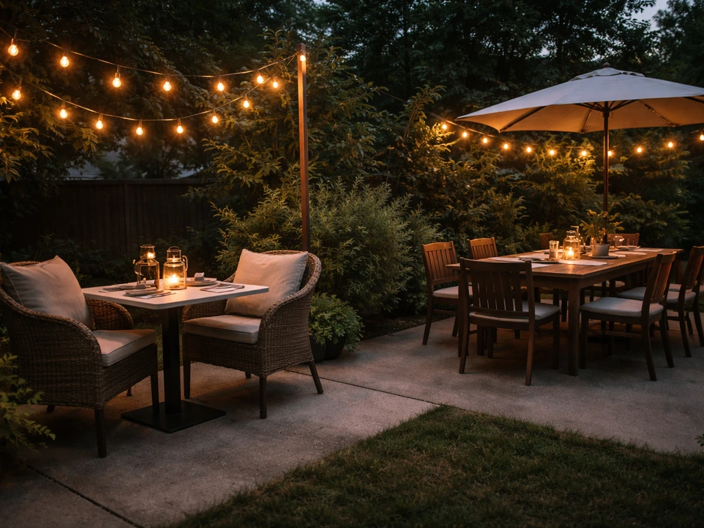 Minimal dusk patio setup showing a cozy date-night table and a separate family/group table under lights.