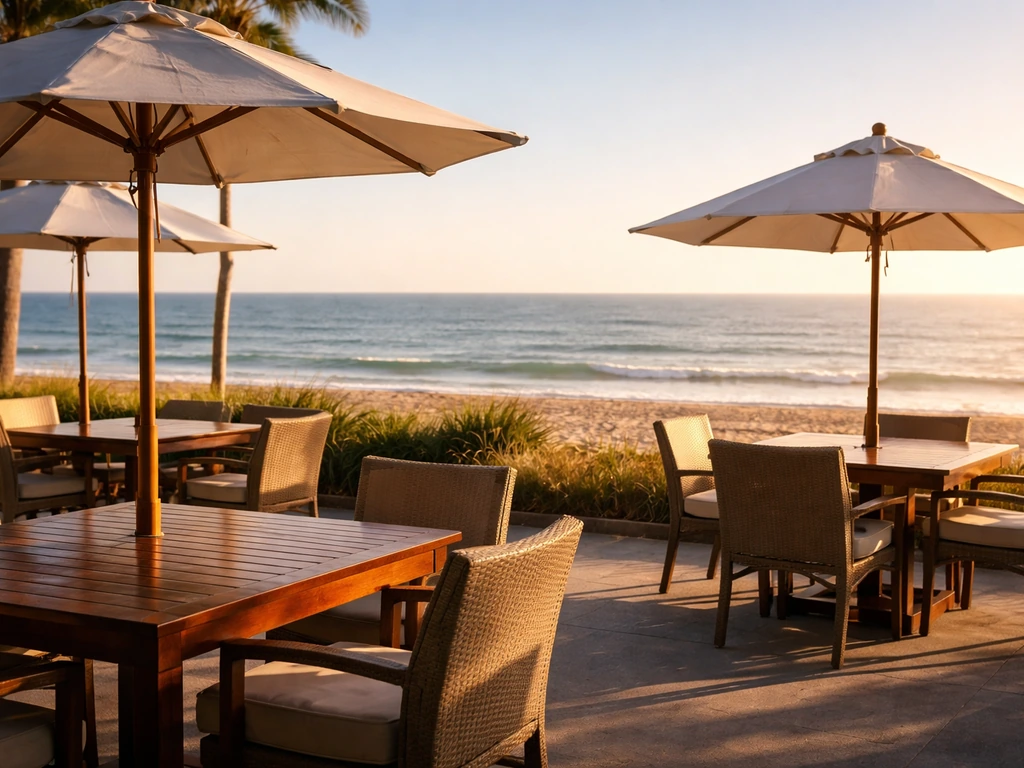 Outdoor tables and umbrellas on a waterfront patio with the ocean horizon in the background at Onset Beach.