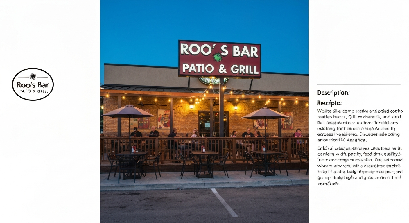 Wide exterior view of Roo's Bar Patio & Grill patio with outdoor seating and string lights