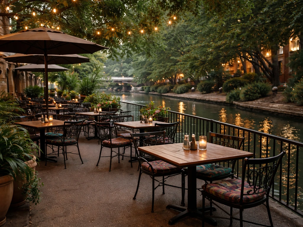 Outdoor patio dining overlooking the San Antonio River Walk at a riverside cafe
