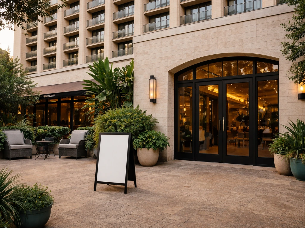 View of a hotel exterior with a patio entrance sign area, suggesting River's Edge Cafe & Patio Bar.