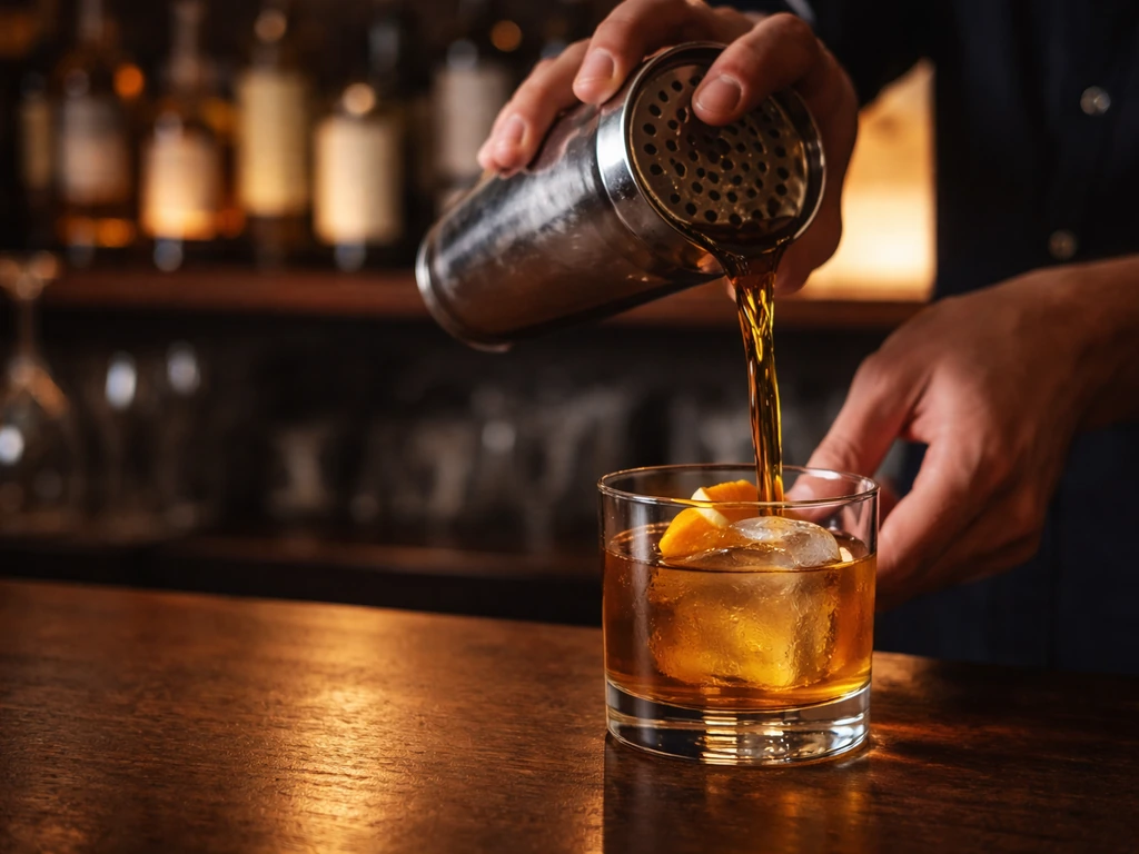 A bartender pours an amber cocktail in a dimly lit bar with bottles in the background.