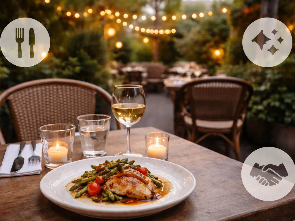 Food and patio setting with three small badge-like icons for food, atmosphere, and service.