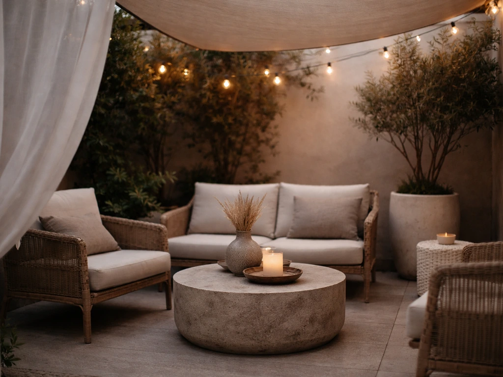 Cozy empty patio with wicker seating, shaded awning, and warm string lights creating a calm ambiance.