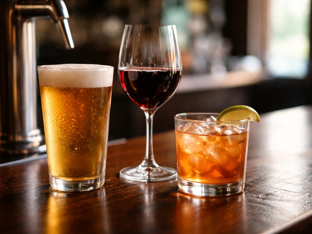 Close-up of beer on tap, a wine glass, and a cocktail with garnish on a bar counter