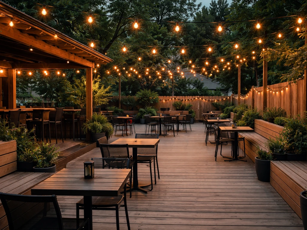 Cozy bar patio deck with open-air seating zones and a covered section with warm umbrellas