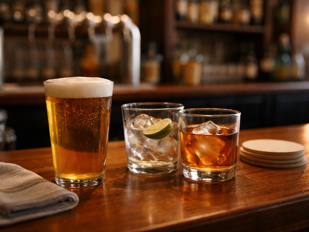 Bar counter with a draft beer and cocktails lined up, casual happy-hour style lighting