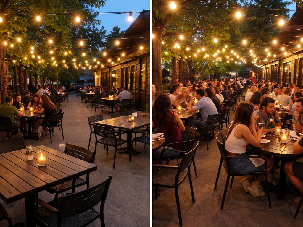 Split patio view showing calmer off-peak vs busier peak-night crowd density and lighting.