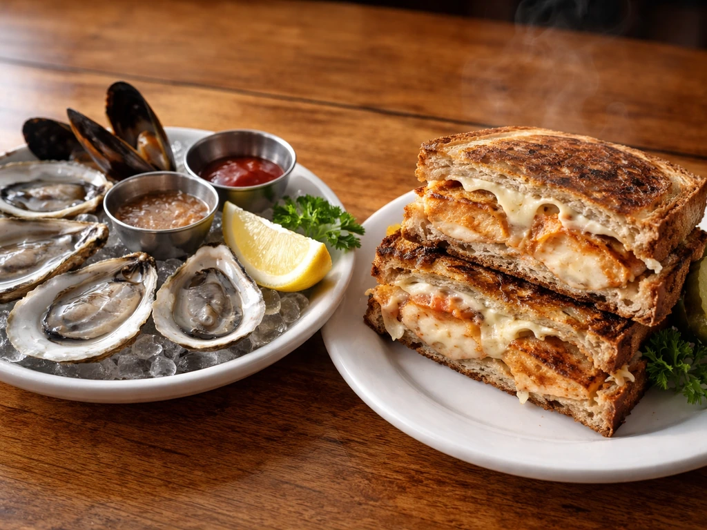 Close-up of oysters on ice and a Grouper Reuben sandwich on a simple wooden table.