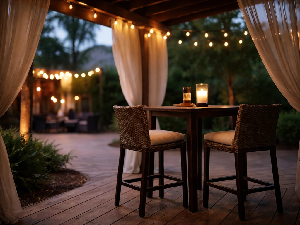 Covered patio seating with high-top tables, a light breeze, and a calm atmosphere near distant live music.