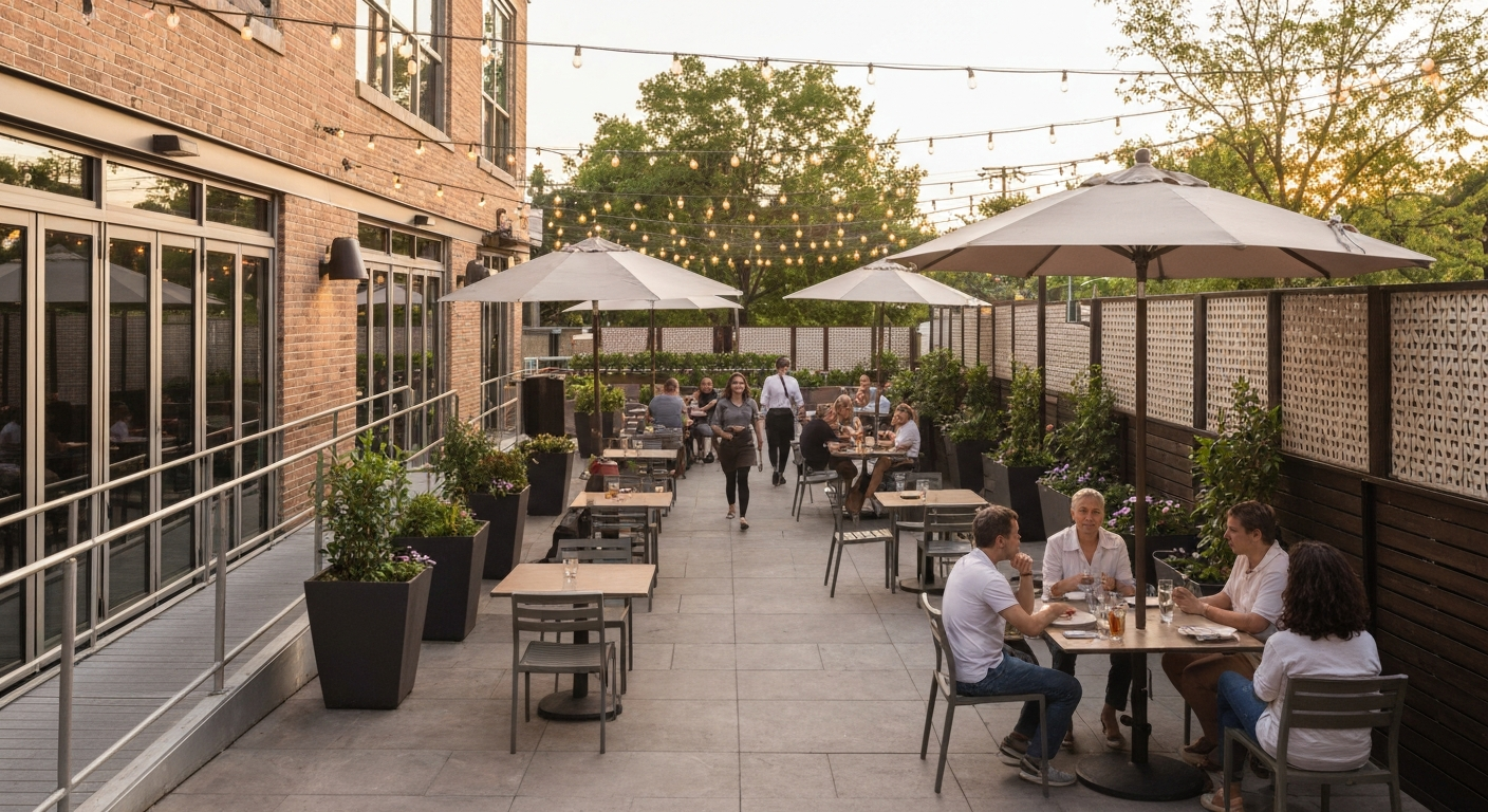 Wide, inviting outdoor restaurant patio with mixed seating, umbrellas, string lights, and a visible ADA-compliant ramp; warm early-evening lighting and diverse diners.