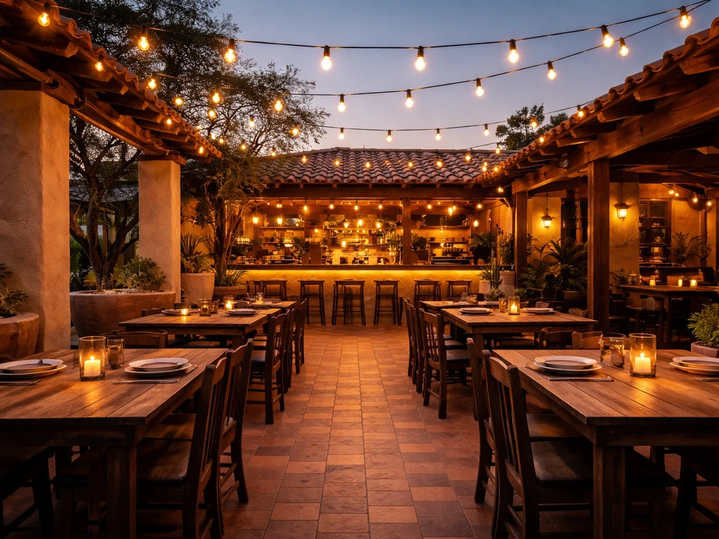 Southwestern bar patio at dusk with warm string lights and empty outdoor tables near the grill/bar.