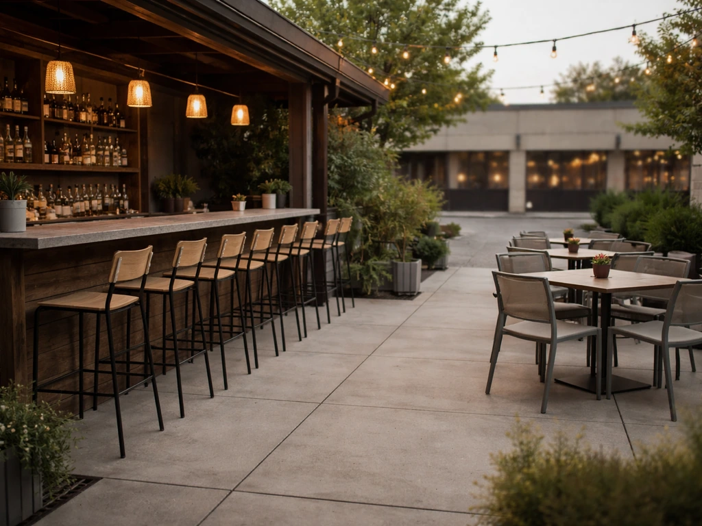 Bar patio at a commercial strip with outdoor seating facing a small open-air bar area