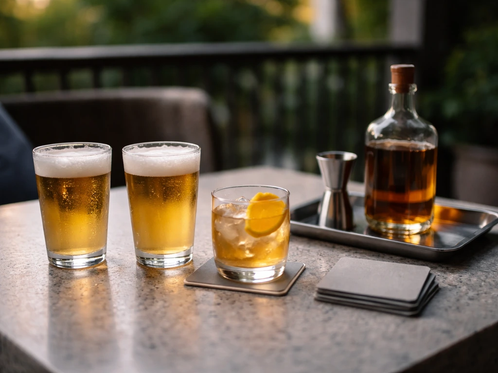 Outdoor patio tabletop with beer and a cocktail beside a small bar tray and service tools.