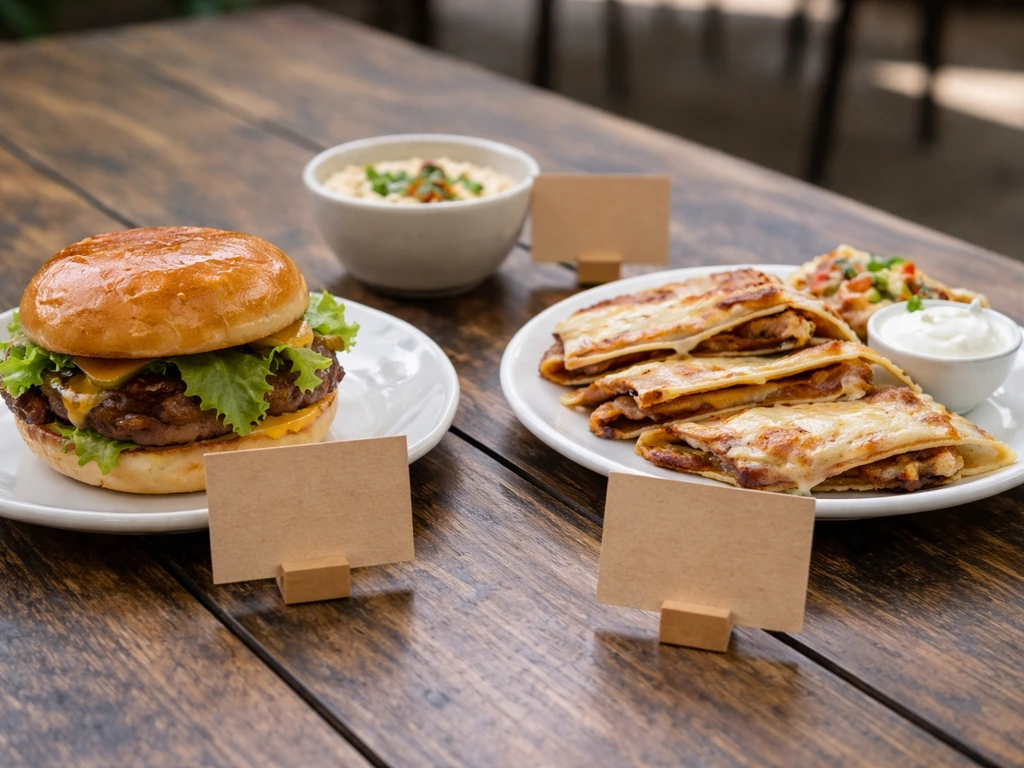 Small spread of sit-down patio bar menu-style food items arranged with price-like labels, no text.