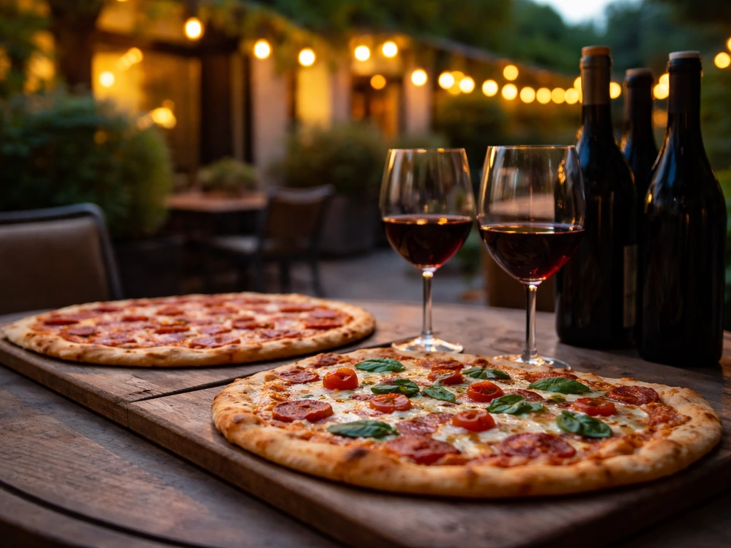 Outdoor patio table at dusk with thin-crust pizza and wine glasses, warm string lights softly glowing behind.