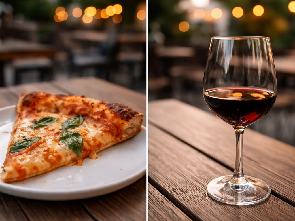 A close-up of a pizza slice and a glass of red wine on a simple patio table.