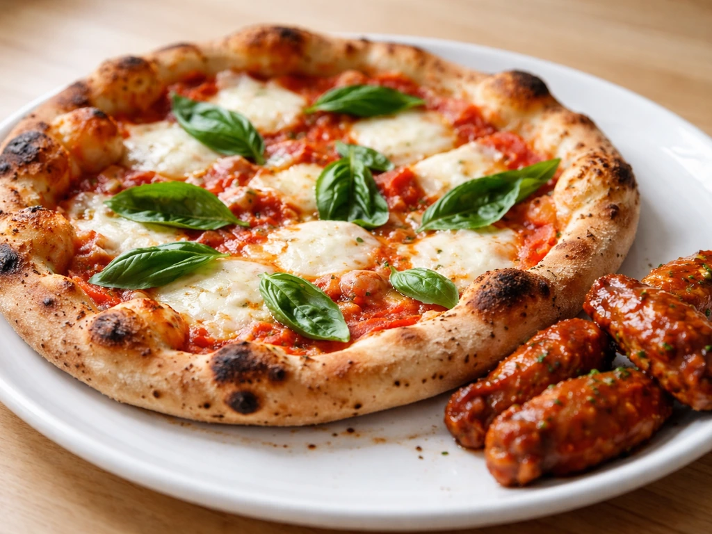 Close-up thin-crust Margherita pizza showing crisp crust texture and fresh toppings, with a small side of wings.