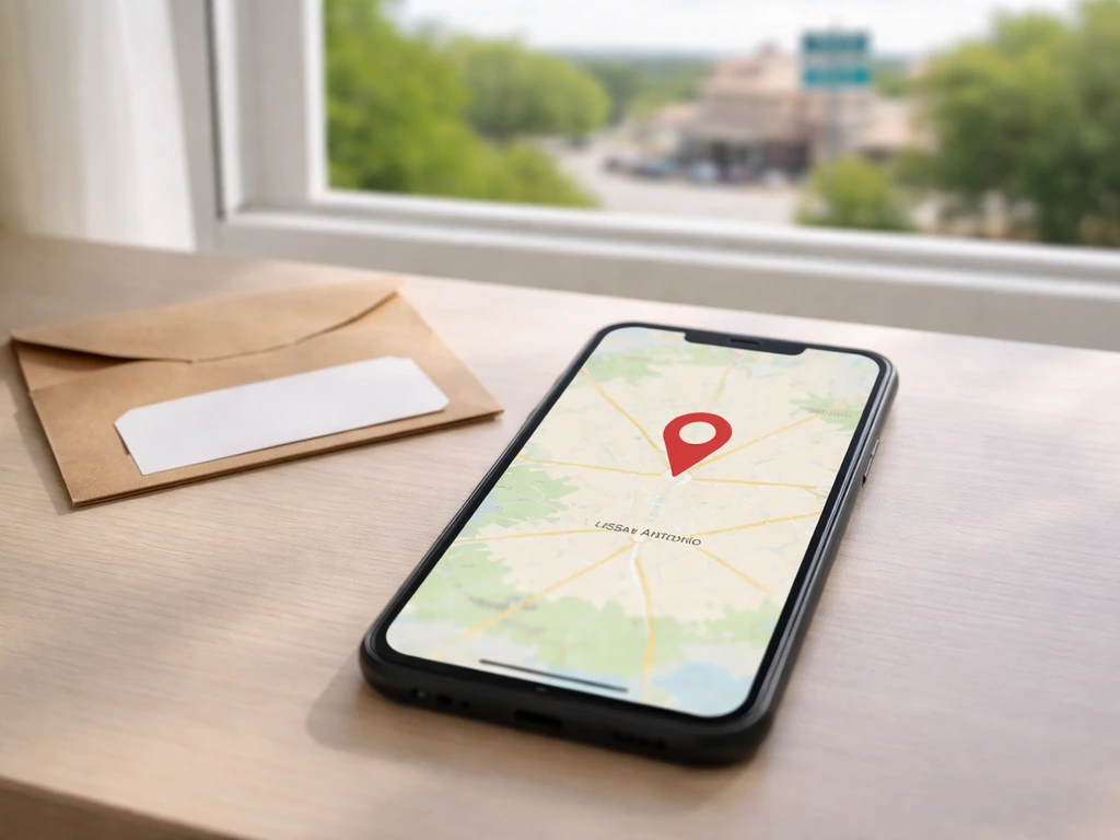 Phone showing a generic map pin next to blank mail items, suggesting the exact venue location in San Antonio.