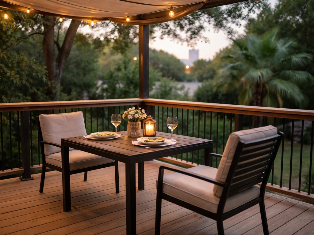 Outdoor deck dining setup in warm San Antonio light with railing, seating, and soft shade elements
