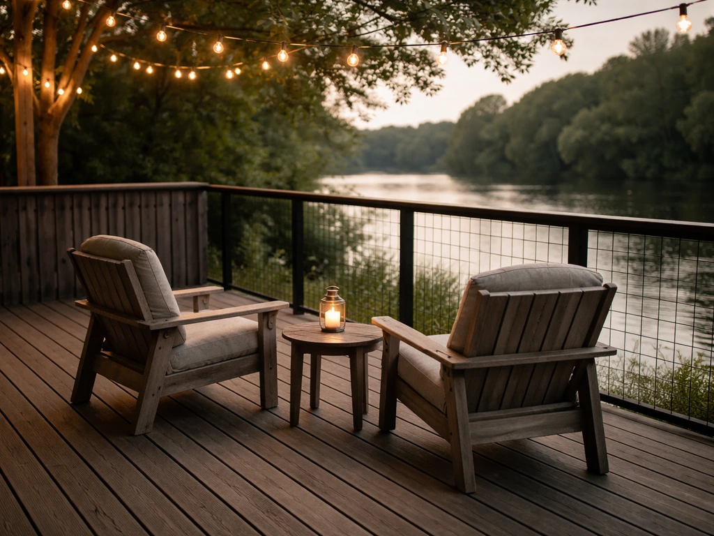 Quiet outdoor deck patio with seating and no bar counter or drink menu cues