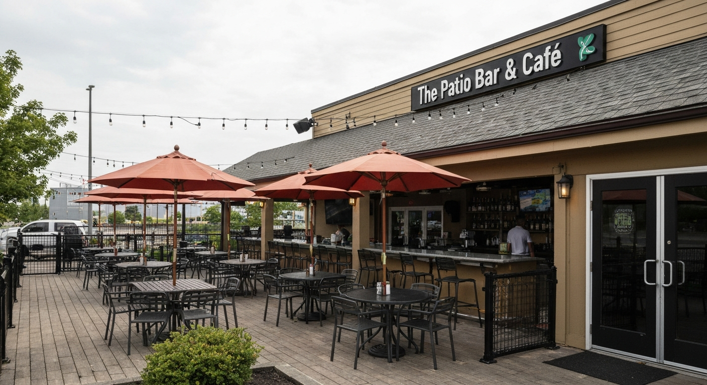 Exterior view of The Patio Bar & Café patio in Waterbury with umbrella-covered tables and the bar visible in the background