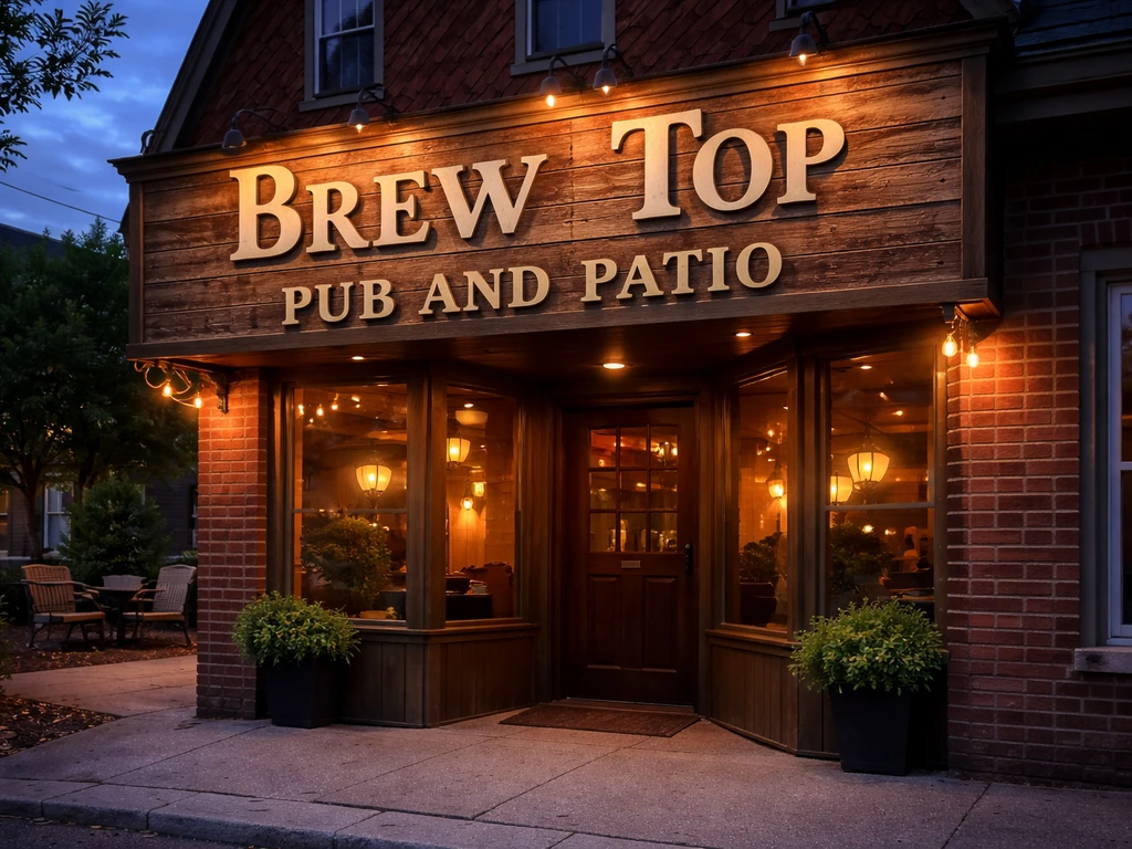 Exterior view of a pub with a visible sign reading Brew Top Pub and Patio