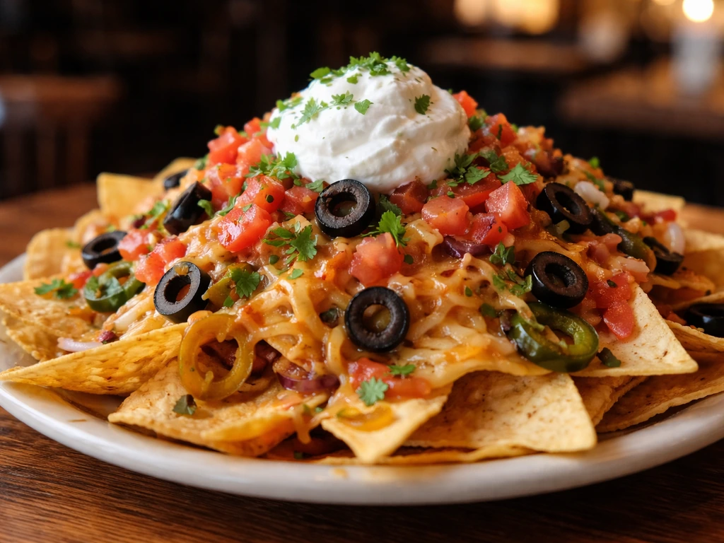 Close-up of a shareable plate of over-the-top nachos with toppings on a pub table.