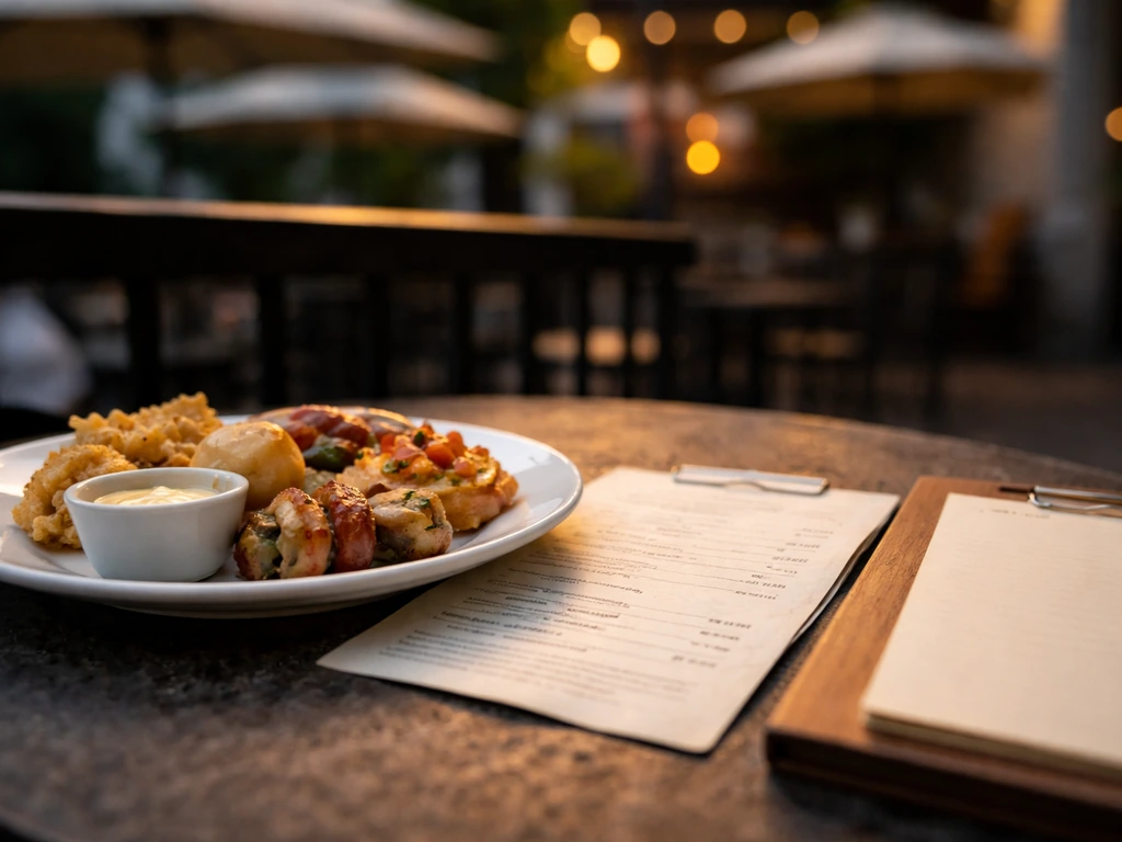 Close-up of a patio pub table with a printed specials sheet beside a plate, showing casual dining pricing context.