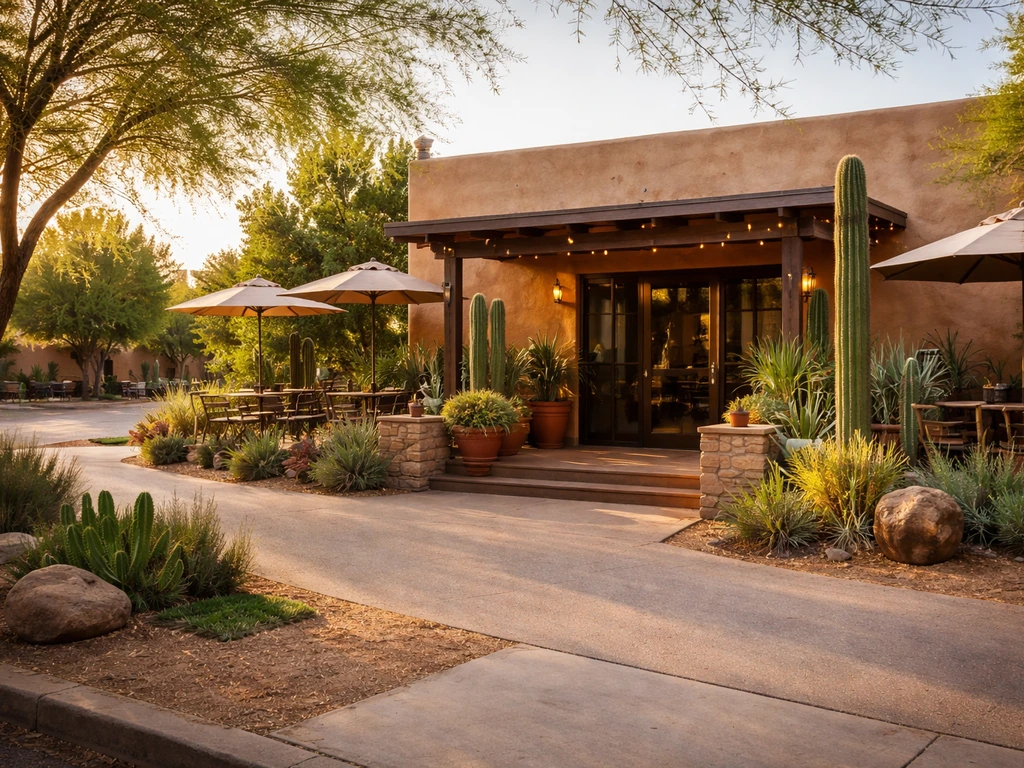 Desert-town restaurant entrance with patio and desert landscaping, shot from the sidewalk.