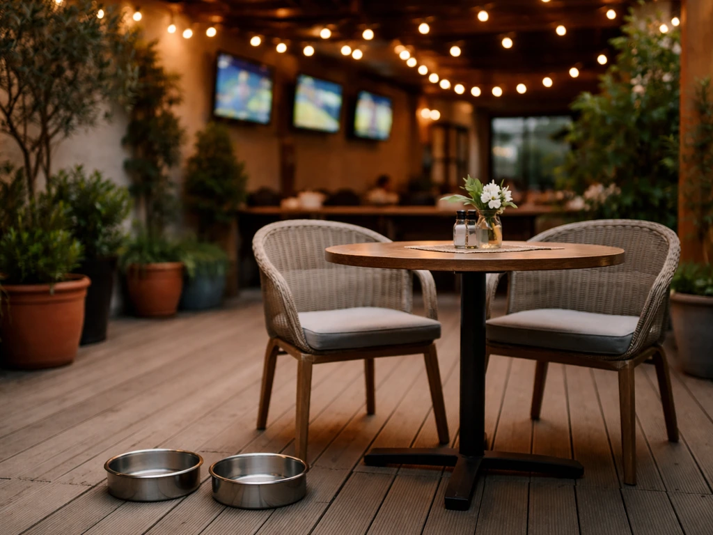 Relaxed pet-friendly patio seating with water bowls and softly blurred TVs in the background