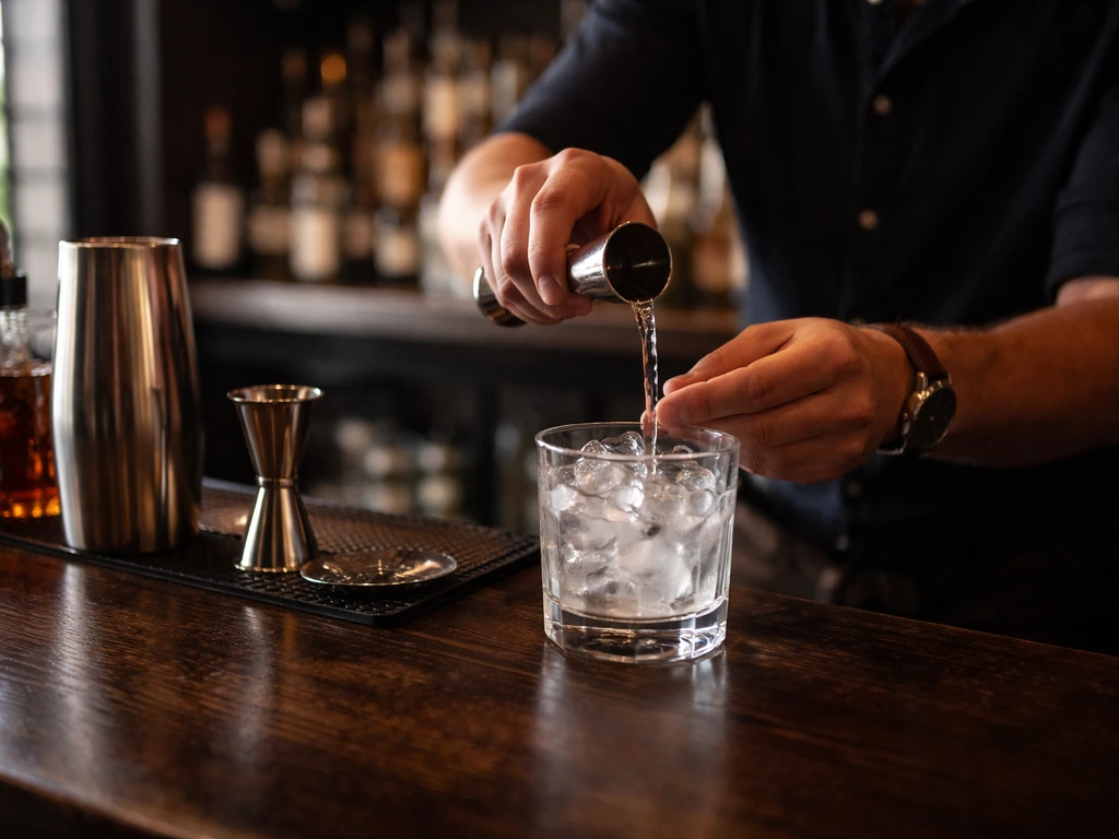 Bartender’s hands pouring a cocktail at a warm, stylish bar counter.