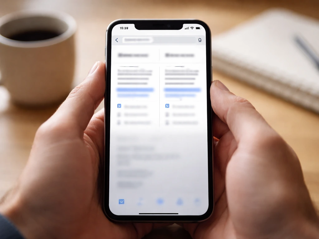 Close-up hands on a smartphone with blurred search results showing two similar listings for cross-checking.