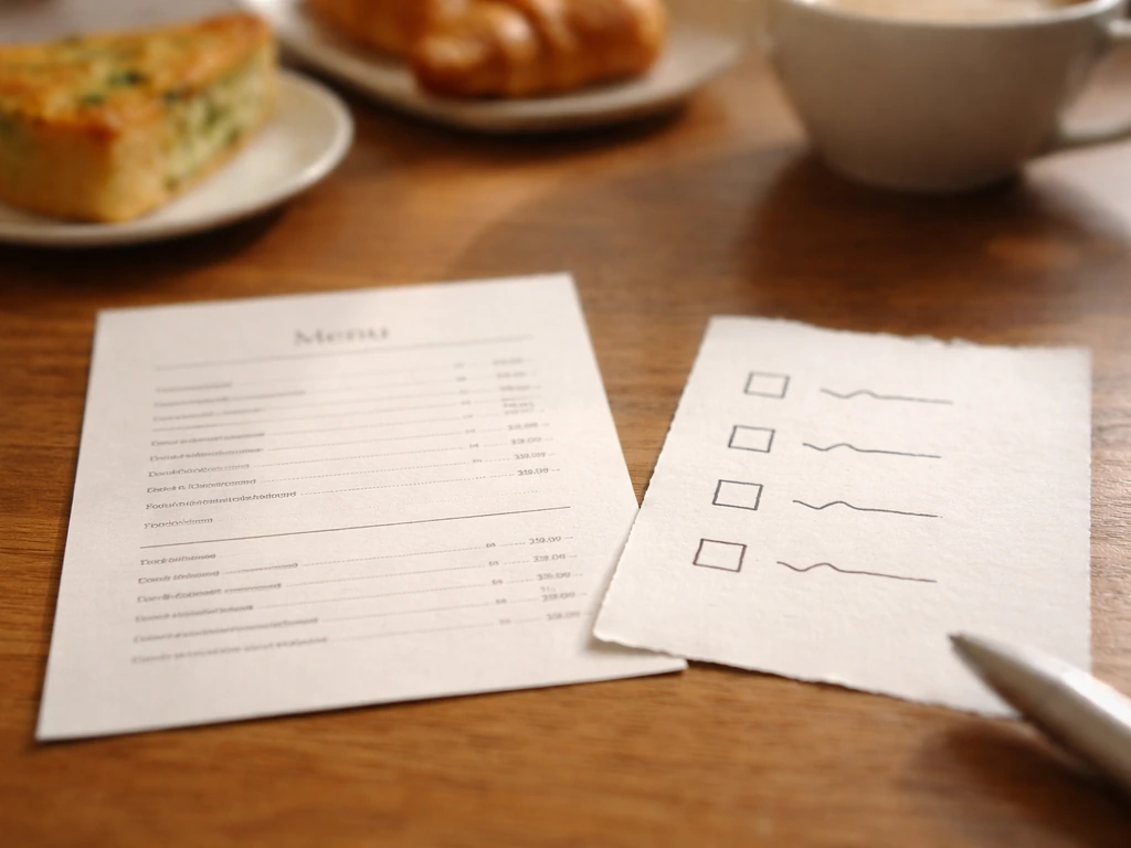 Close-up of café menu items beside a simple checklist showing consistency cues for food reviews.