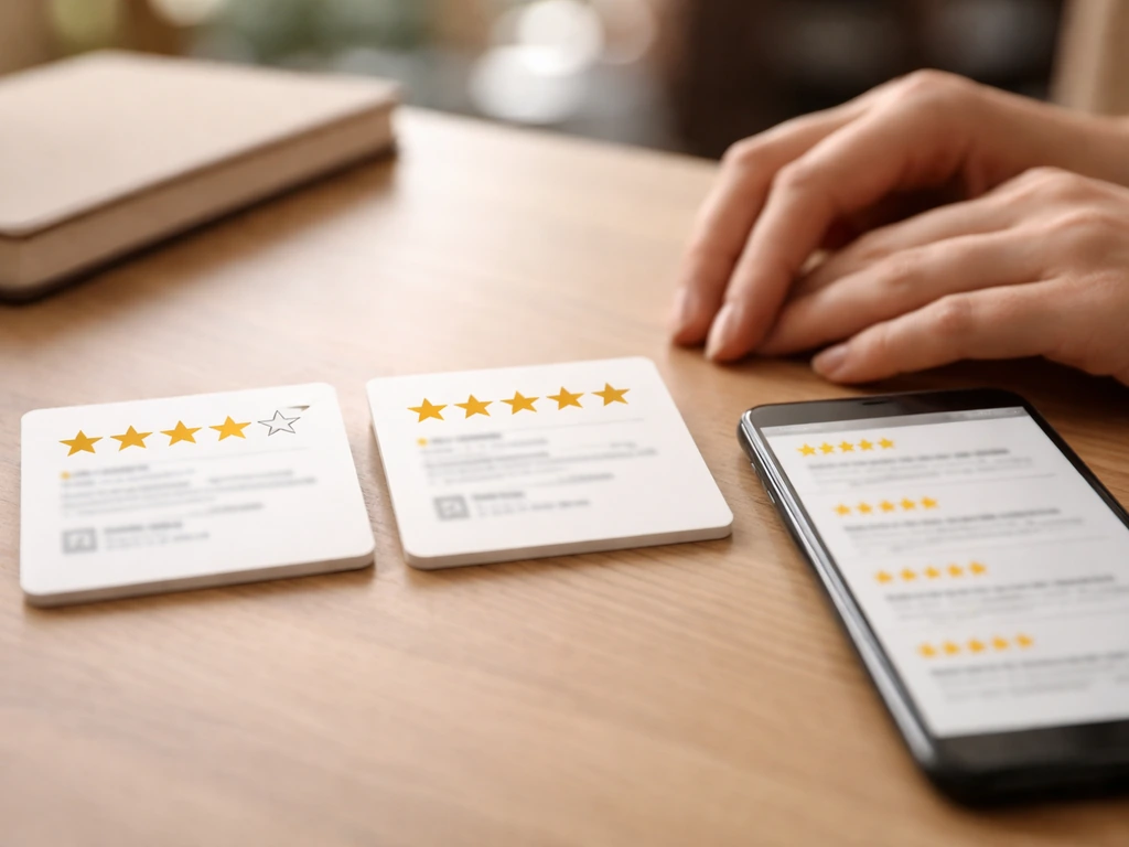 Minimal desk scene with rating-style star tiles and a phone showing recent reviews for interpreting ratings
