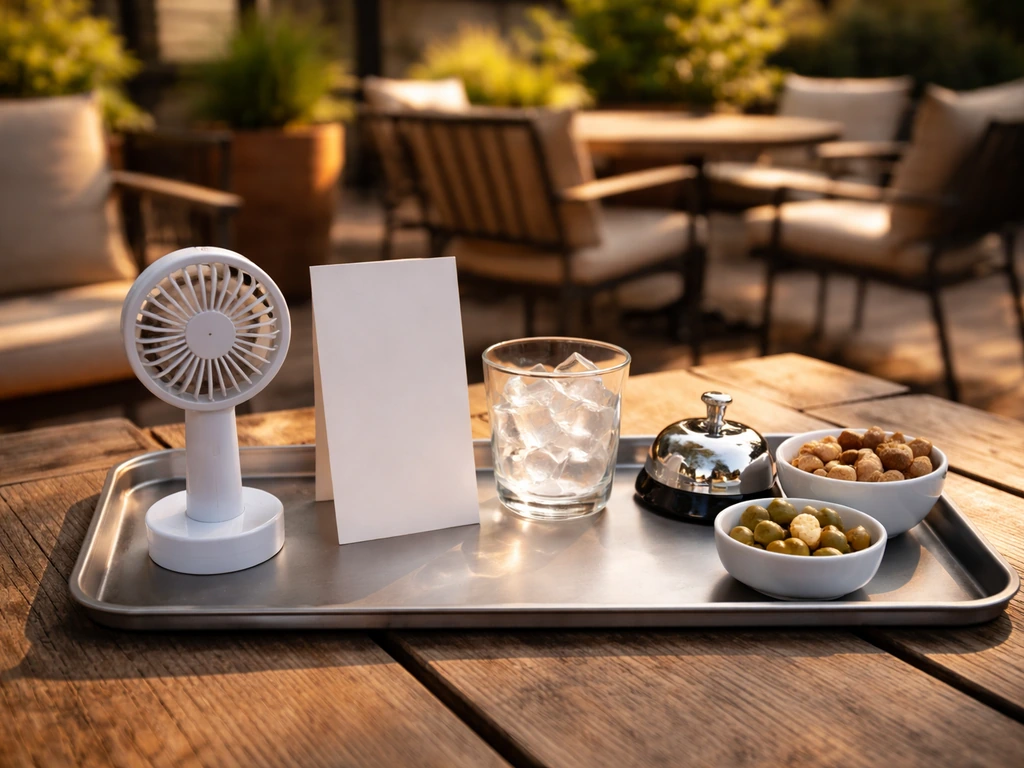 Minimal photo of a patio bar setting with five blank checklist-style icons concept using natural objects