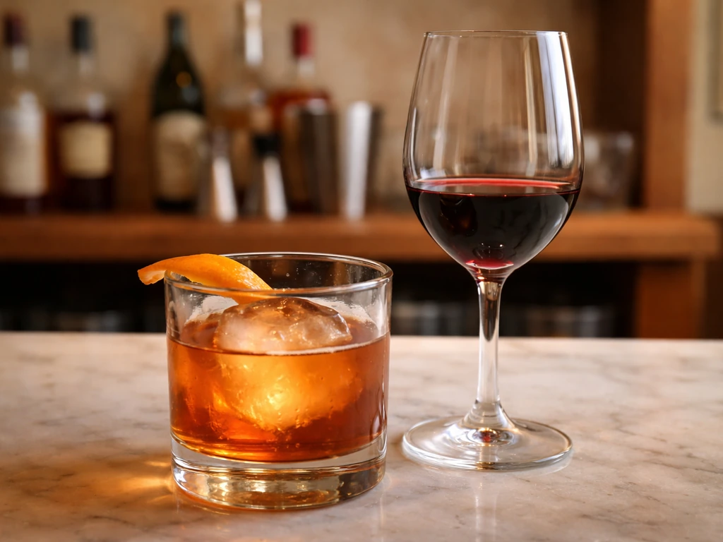 Amber Old Fashioned cocktail and a red wine glass on a clean bistro bar rail with bottles softly blurred.