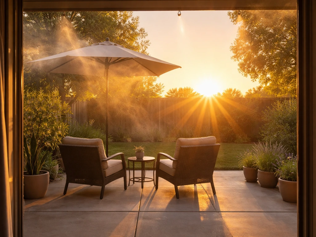 West-facing patio with sunset light, shaded seating, and visible misting sprayers in warm afternoon glow.
