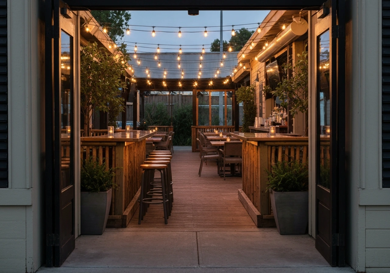 Street-view entrance to an inviting outdoor patio bar with warm lights and a rustic bar counter