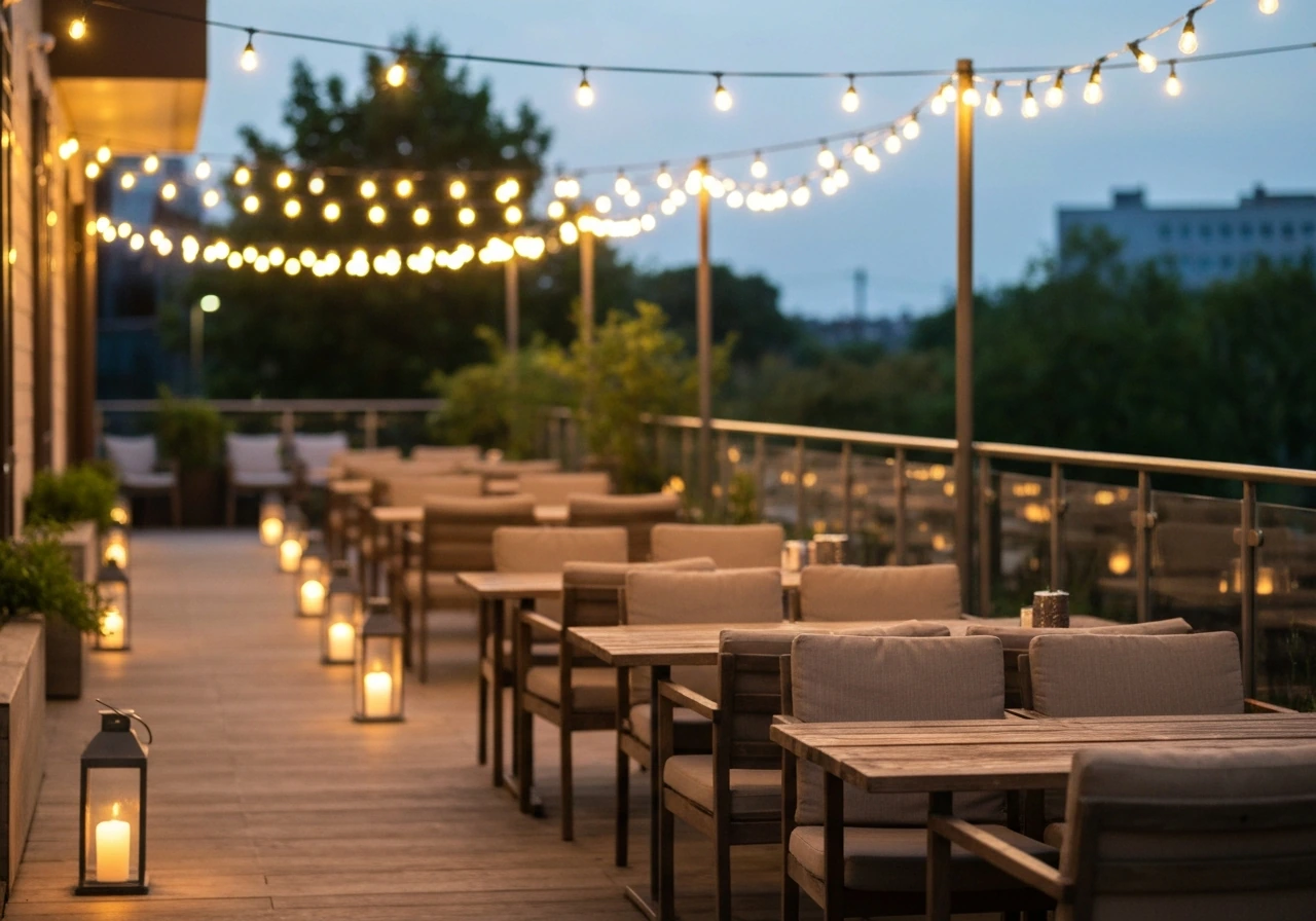 Cozy outdoor patio at dusk with warm string lights and relaxed seating vibe