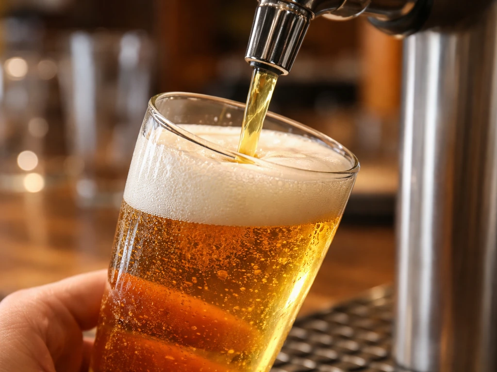 Close-up of draft beer pouring into a pint glass at a patio bar, creamy foam head visible.