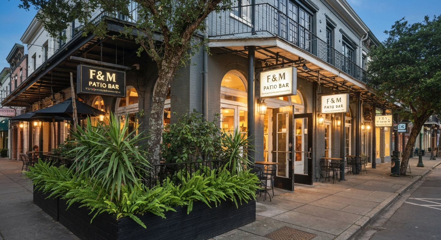 Exterior view of F&M Patio Bar on Tchoupitoulas Street, showing the patio entrance and street context at night.