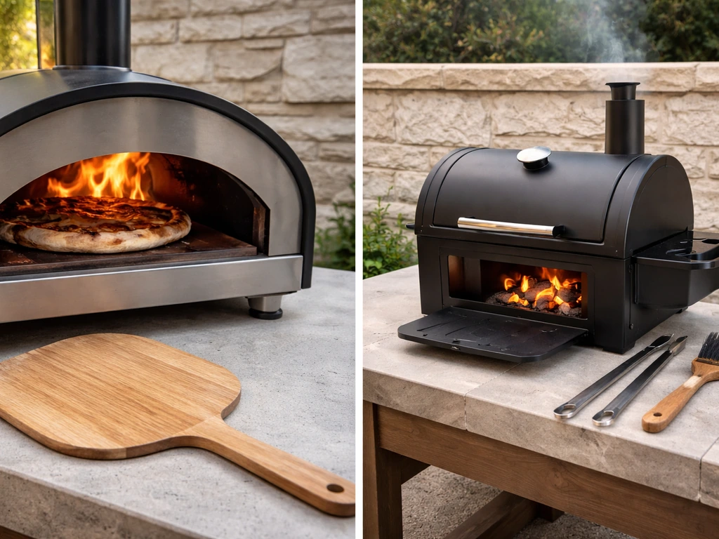 Side-by-side patio setup showing a wood-fired pizza peel/oven and a small grill or smoker for BBQ checks.