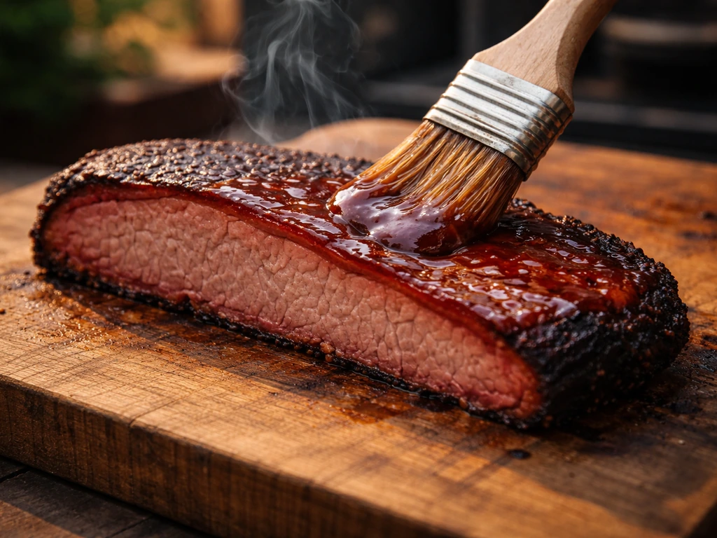 Smoked meat slice with visible bark and smoke ring while BBQ sauce is brushed on, with light smoke.
