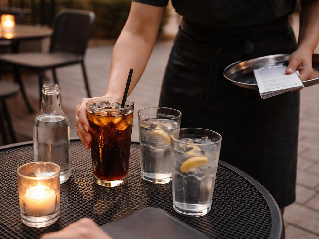 Waiter refilling drinks at an outdoor patio table, emphasizing attentive fast service.