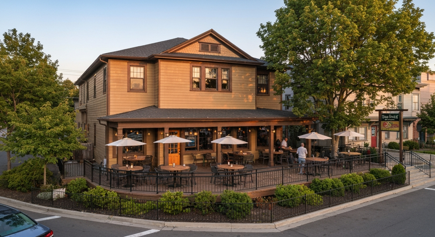 Exterior of Pignic Pub & Patio in Reno — a 1916 craftsman home with wraparound patio seating at golden hour.