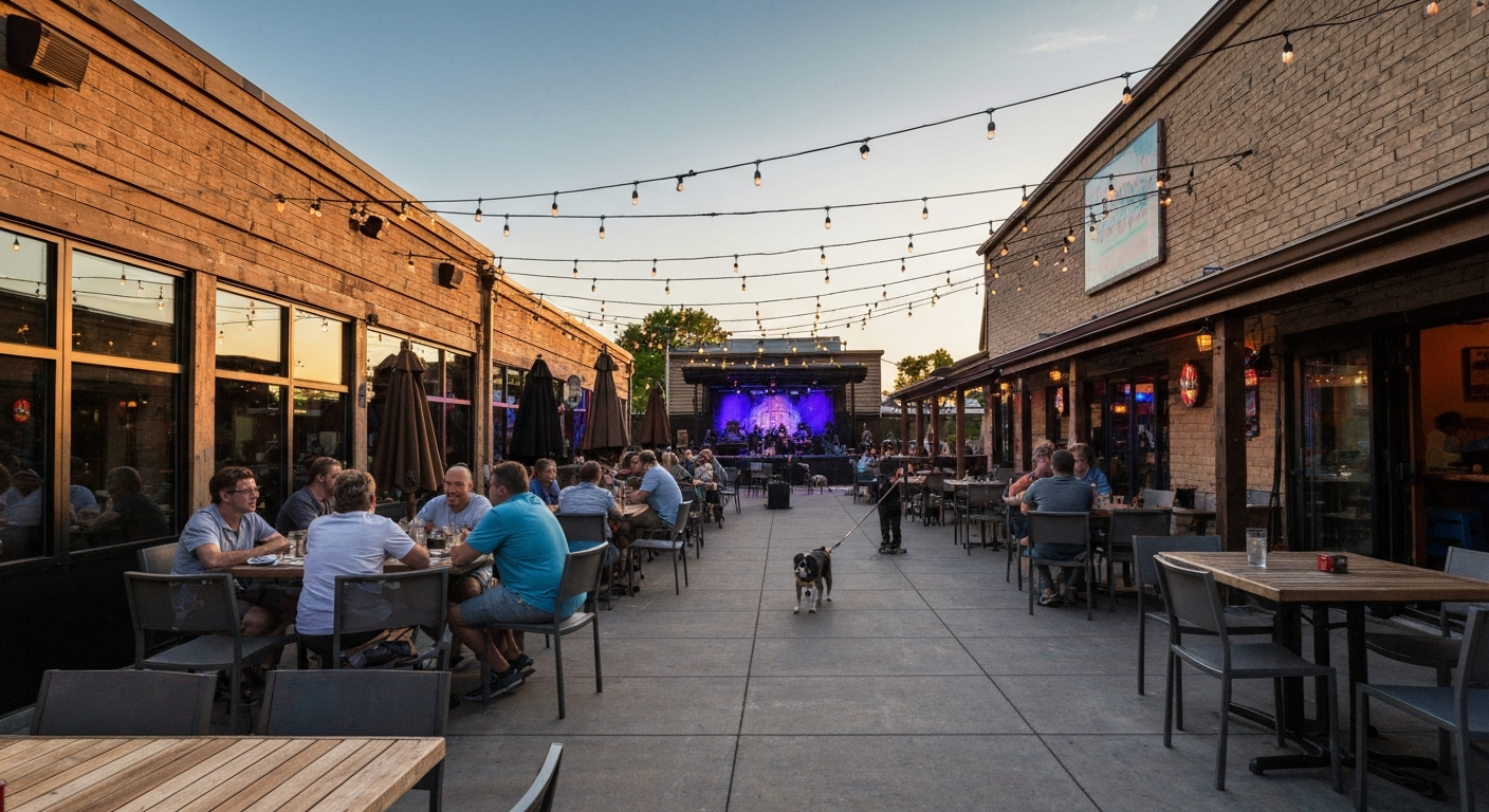 Exterior view of Shaw's Patio Bar & Grill patio on Magnolia Ave with diners, string lights, dogs, and a live-music area.