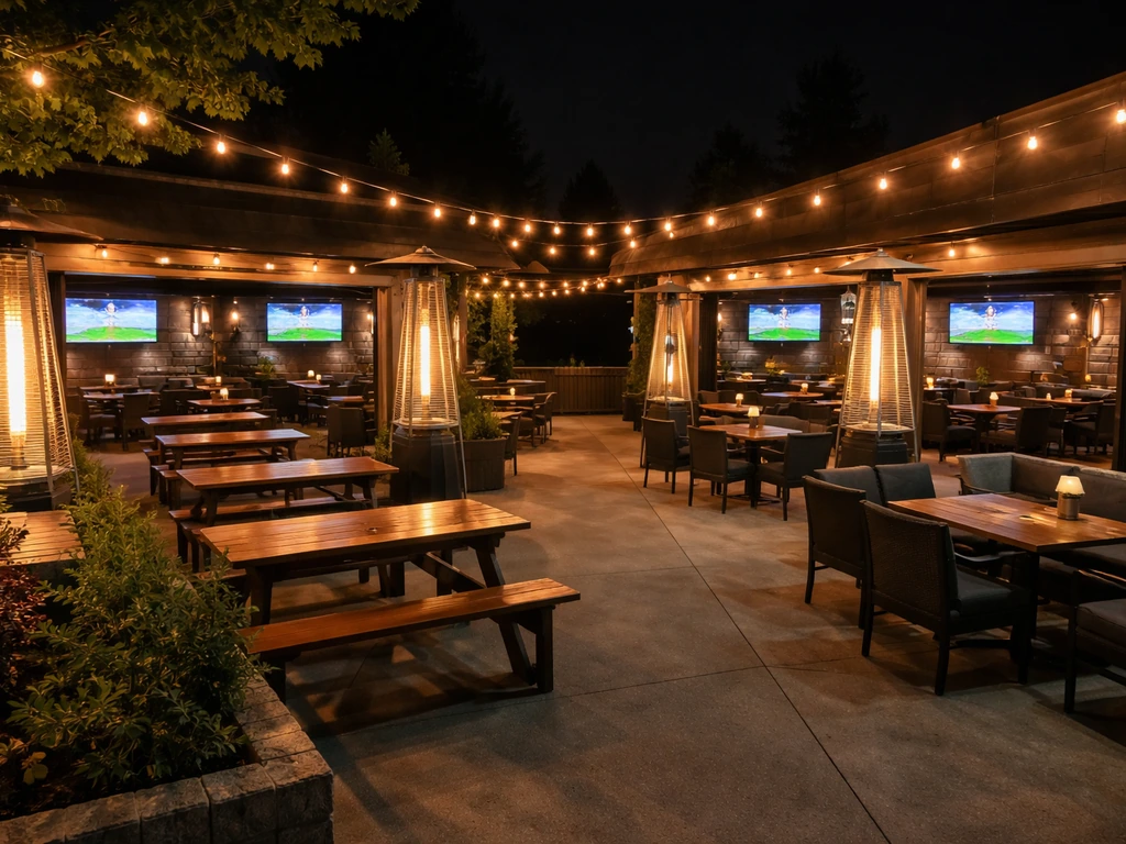 Empty outdoor pub patio with warm lights, outdoor heaters, and TVs visible across two patio areas.
